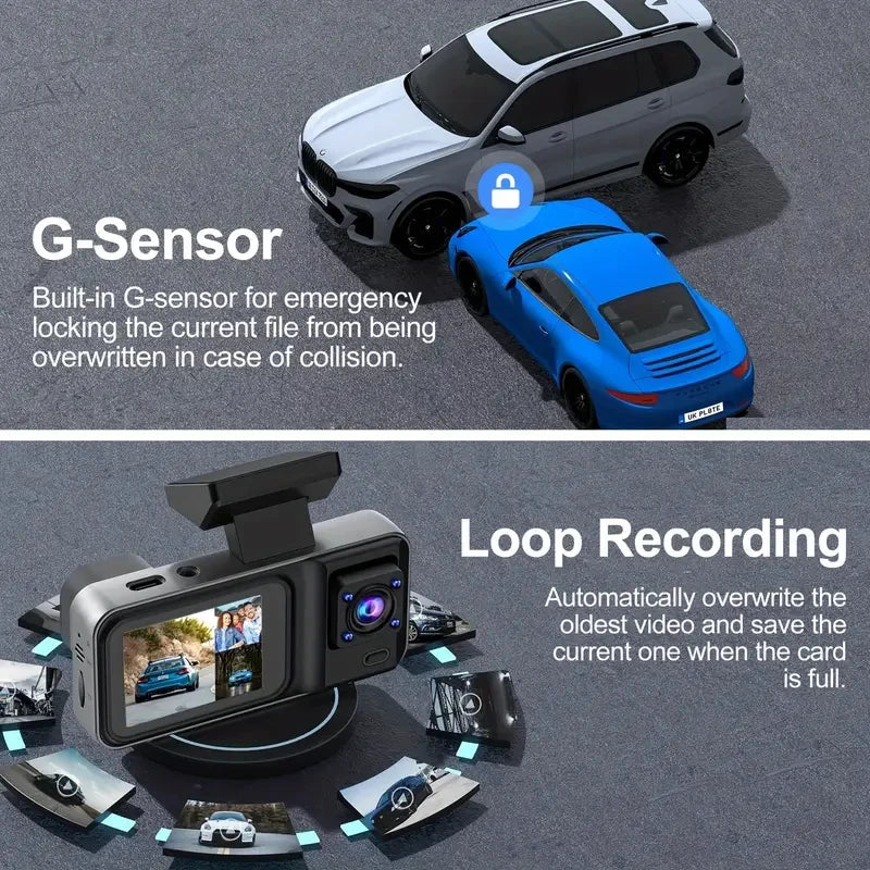 3-Channel 1080P WiFi Dash Cam – Front, Rear & Interior Camera